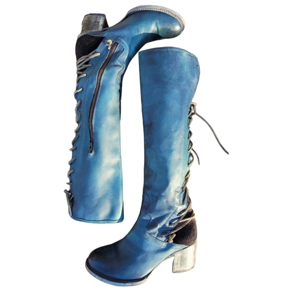 Freebird by Steven Blue Lace-Up Knee-High Boots with Side Zip